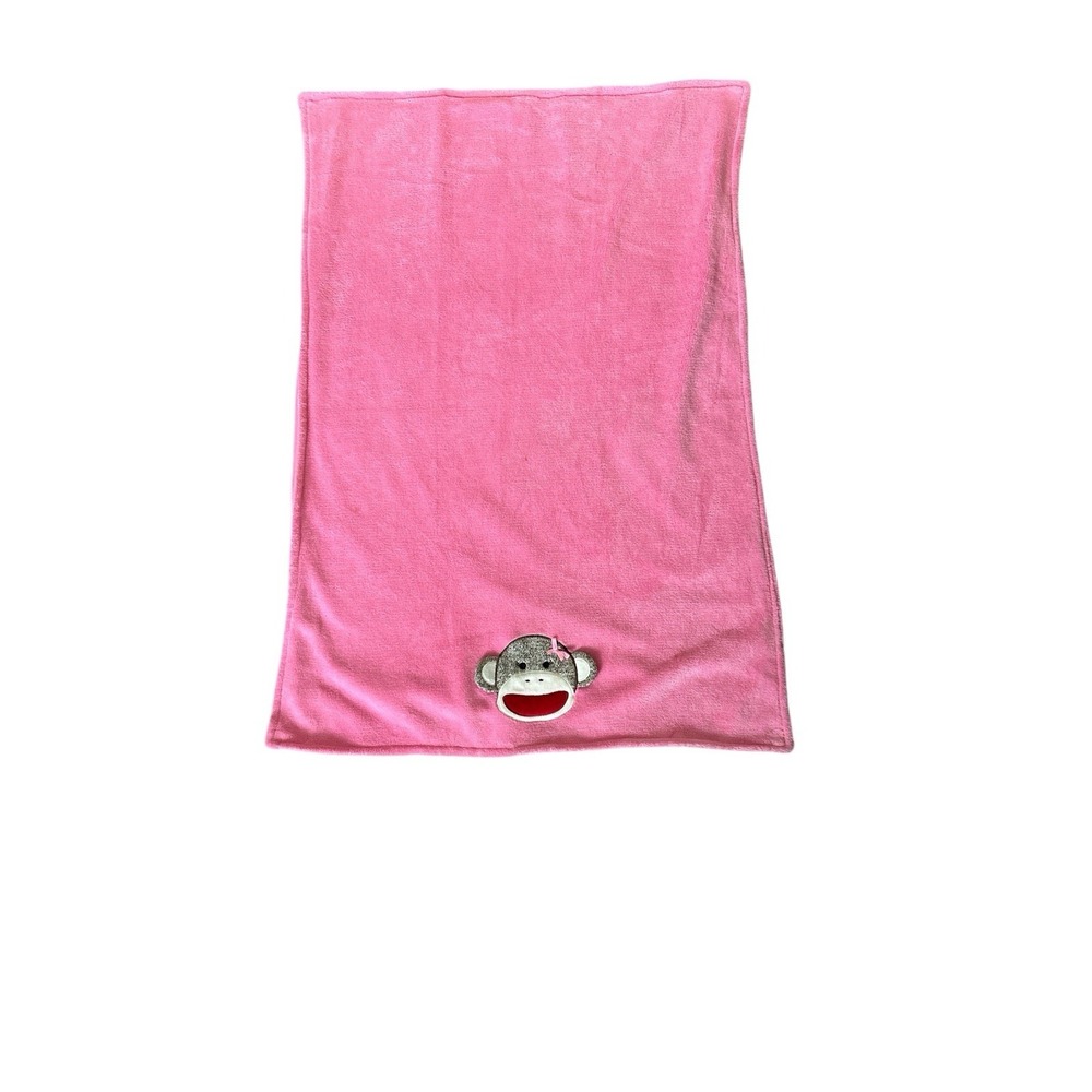 Baby Starters Pink Sock Monkey Baby Blanket Plush Soft Face 3D Ears Bow 30x40 In